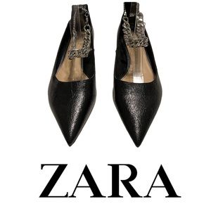 Zara NEW Leather Pointed Toe Kitten Heel Ankle Chain  Size 39
